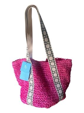 Kiss Sea Pink Woven Beach Tote Bag Raffia Snap Closure NWT